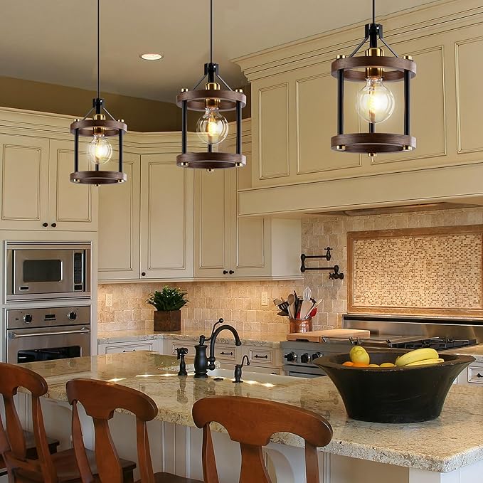 MO&OK Set of 3 Chandelier Vintage Pendant Light Fixture, Wood Color Farmhouse Wooden Metal Chandeliers, Open Frame Hanging Lighting for Diningroom,Bar,Entrance Hall,Kitchen Island H10.6 xD6.7