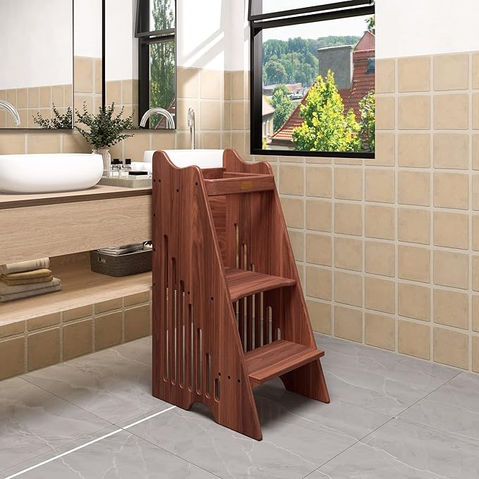 CONSDAN Toddler Tower, USA Grown Solid Hardwood, Kitchen Step Stool for Toddlers, Kids Standing Tower Kitchen Toddler Learning Stool, Kitchen Stool with Safety Rail for Kitchen Counter