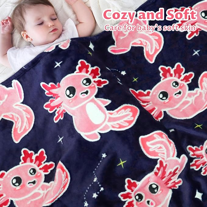 Axolotl Blanket Glow in The Dark Blanket Pink Axolotl Plush Cute Blanket for Girls Axolotl Gifts Birthday Decorations 50"x60"