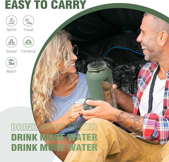 kytffu 64 oz Glass Water Bottle with Straw and Stainless Steel Handle, Half Gallon Water Bottle with Silicone Sleeve and Time Marker, 2L Large Glass Bottle for Gym, School, Travel, Leak-proof (olive)