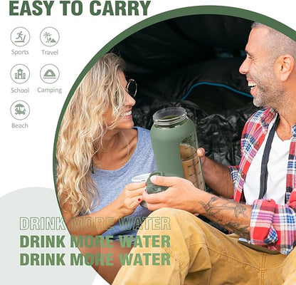 kytffu 64 oz Glass Water Bottle with Straw and Stainless Steel Handle, Half Gallon Water Bottle with Silicone Sleeve and Time Marker, 2L Large Glass Bottle for Gym, School, Travel, Leak-proof (olive)