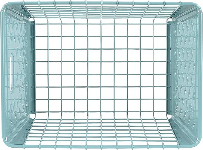 Spectrum Diversified Macklin, Stamped Steel & Wire Basket for Closet & Cubby Storage Vintage-Inspired Design with Customizable Label Plate, Medium, Teal, 1 Count (Pack of 1)
