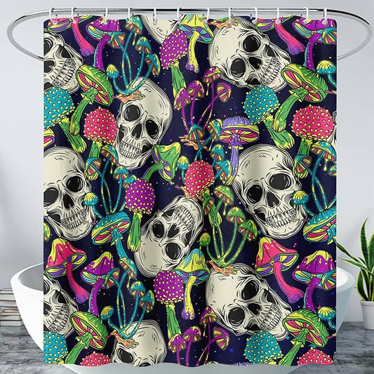 AILONEN Skull Shower Curtain for Bathroom,Mushroom Skull Bath Curtain Decoration,Fantasy Fungus Skeleton Print Waterproof Black Curtain with 12 Plastic Hooks, 48" W*72" H