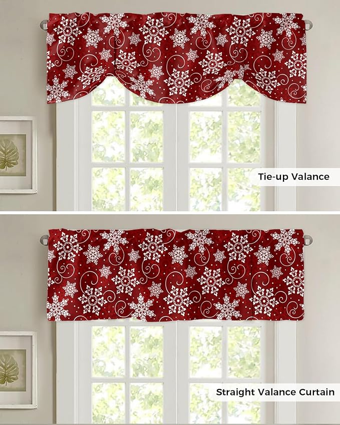 Christmas Blackout Tie Up Valance Curtains for Kitchen Windows Red White Snowflakes Pattern Window Toppers Balloon Shades for Living Room/Bathroom/Bedroom,1 Panel, 60" X 18", Winter