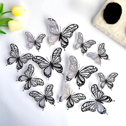 3D Butterfly Wall Decor 3 Sizes 4 Styles, Kurilai 48Pcs Butterfly Decorations Party Birthday Cake Decoration, Removable Wall Stickers for Kids Nursery Wedding Bedroom Room Decor (Black)