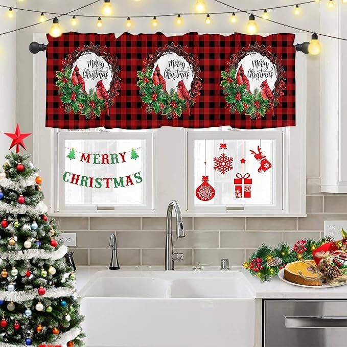 Merry Christmas Valance Kitchen Curtains for Windows, Winter Cardinal Holly Berries Rod Pocket Valances Window Treatments Red Black Plaid Short Curtains For Bedroom/ Living Room, 54" X 18" -1 Panel