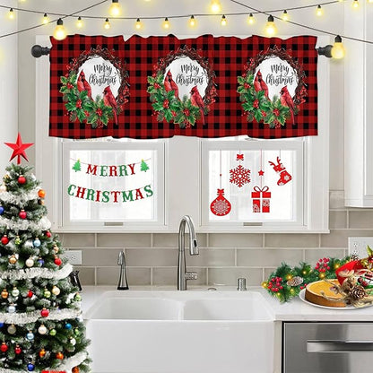 Merry Christmas Valance Kitchen Curtains for Windows, Winter Cardinal Holly Berries Rod Pocket Valances Window Treatments Red Black Plaid Short Curtains For Bedroom/ Living Room, 54" X 18" -1 Panel