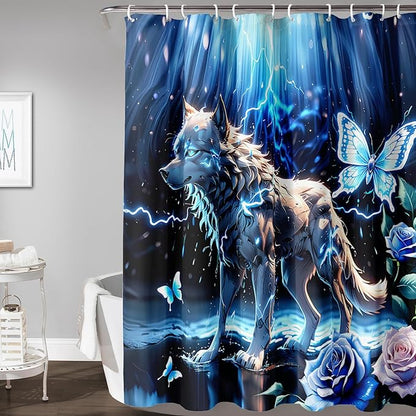 AILONEN Lightning Wolf Shower Curtain for Bathroom,3D Print Glowing Wolf Print Bath Curtain for Boys Men Kids,Raining Wolf Waterproof Bathroom Decor Blue Curtain with 12 Plastic Hooks, 72" W*78" H