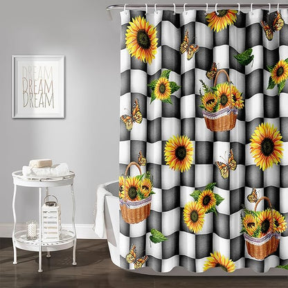 AILONEN Sunflower Shower Curtain for Bath Curtain,Black and White Grid Butterfly Bath Curtain,Garden Flower Yellow Floral Waterproof Shower Curtain 36" W x 72" H