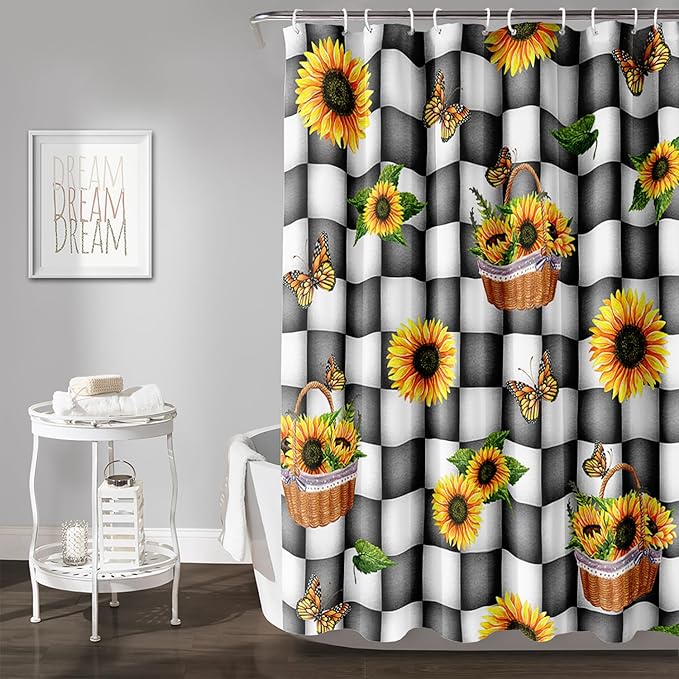 AILONEN Sunflower Shower Curtain for Bath Curtain,Black and White Grid Butterfly Bath Curtain,Garden Flower Yellow Floral Waterproof Shower Curtain 60" W x 72" H