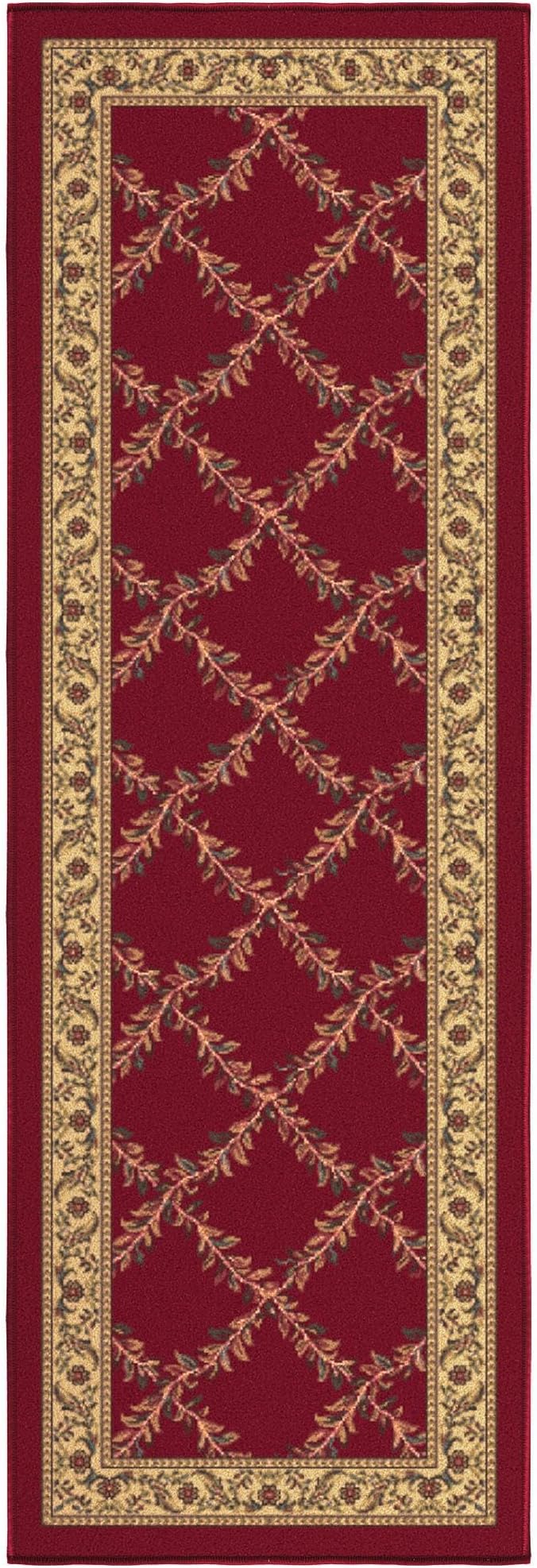 Machine Washable Trellis Design Non-Slip Rubberback 2x5 Modern Runner Rug for Hallway, Kitchen, Living Room, Bedroom, Entryway, 20" x 59", Red Trellis