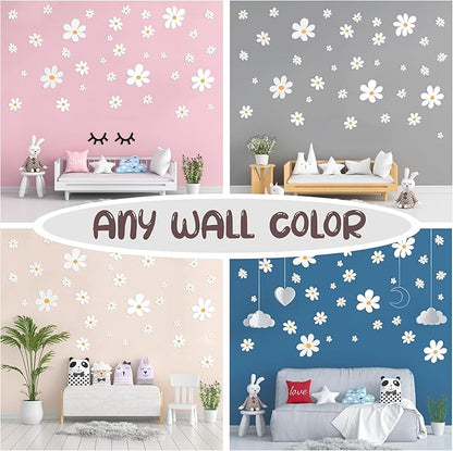 Classic Style Daisy Wall Decal - 12 Sheets of Big White Vinyl Flower Wall Stickers - Daisy Decor Ideal for Kids Girls Nursery, Playroom, Bedroom, and Living Room - Peel and Stick Floral Stickers