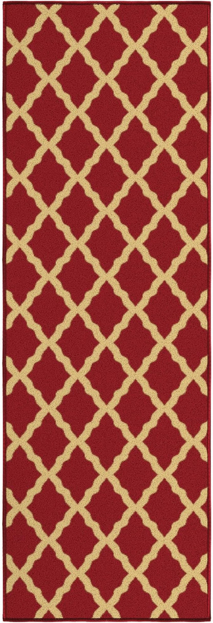 Machine Washable Elegant Trellis Design Non-Slip Rubberback 2x5 Traditional Runner Rug for Hallway, Kitchen, Bedroom, Entryway, 20" x 59", Red