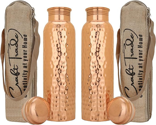 Copper Water Bottle for Drinking 34 oz Copper Ayurveda Set Of 2 Pure Copper Water Bottle Ayurvedic Water Bottle with Lid Leak Proof Joint Less Bottle Travel Bottle for Gym,Office Hiking,Outdoor Bottle