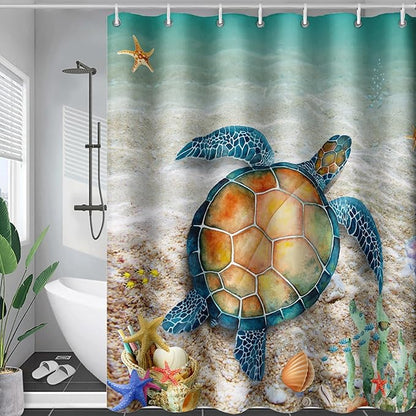 AILONEN Sea Turtle Shower Curtain,Beach Ocean Turtle Bath Curtain with 12 Plastic Hooks,Sea Animal Coast Shell Print Bath Curtain Polyester Waterproof 48" W*72" H
