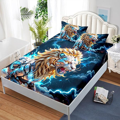 AILONEN Boys Lion Fitted Sheet Set Twin Size, Safari Animal Lion Blue Lightning 3 Pieces Printed Kids Bed Sheet Set,Wildlife Fitted Sheet with 2 Pillowcases