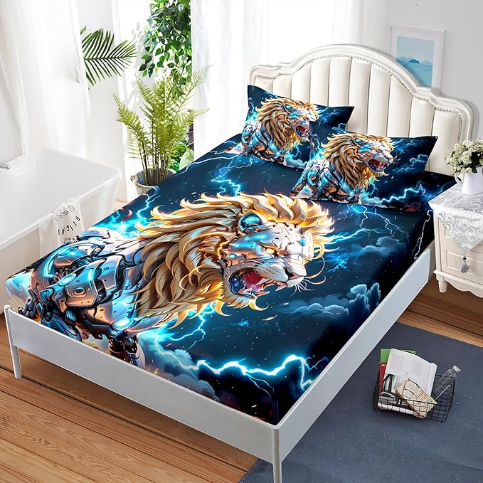 AILONEN Boys Lion Fitted Sheet Set Full Size, Safari Animal Lion Blue Lightning 3 Pieces Printed Kids Bed Sheet Set,Wildlife Fitted Sheet with 2 Pillowcases