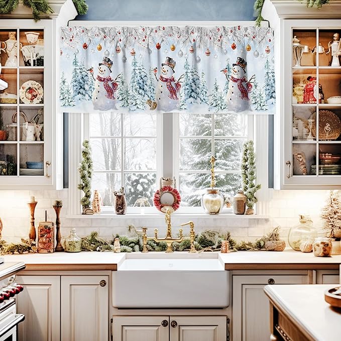 Snowman Kitchen Curtains and Valances Set, Blue Merry Christmas Tree Red Balls Squirrel Windows Treatments Tiers Half/Short Curtains for Small Windows Cafe /Living Room/ Bedroom 54x36 in Winter