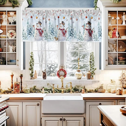 Snowman Kitchen Curtains and Valances Set, Blue Merry Christmas Tree Red Balls Squirrel Windows Treatments Tiers Half/Short Curtains for Small Windows Cafe /Living Room/ Bedroom 54x36 in Winter