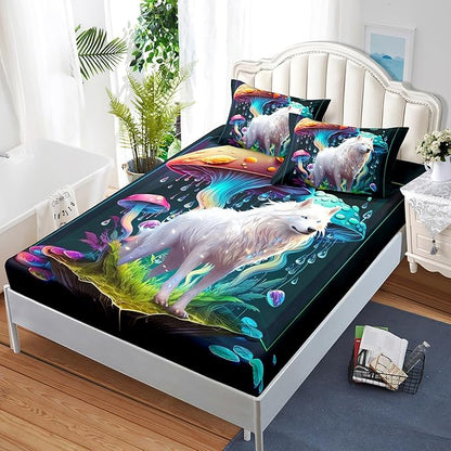 AILONEN White Wolf Fitted Sheet Set Queen Size, Cartoon Mushroom and Cute Wolf Bed Sheet Set,3 Pieces Rain Mushroom Fitted Sheet with 2 Pillowcases for Boys Girls