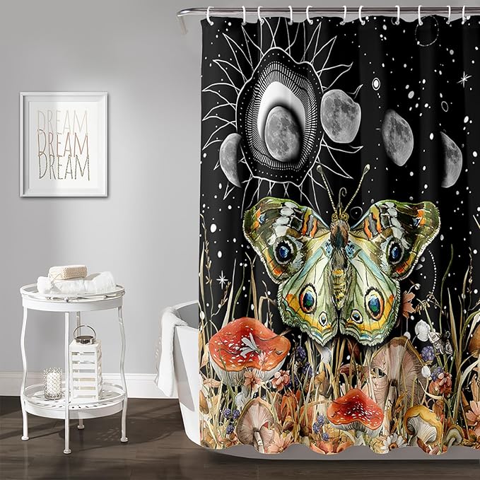 AILONEN Moth Shower Curtain,Sun and Moon Shower Curtain Set for Kids Girls Boys,Boho Natural Mushroom Plants Bath Curtain,Starry Night Bathroom Decor Shower Curtain with 12 Hooks,36" W*72" H
