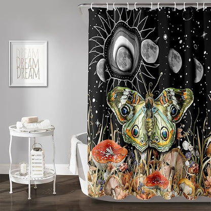 AILONEN Moth Shower Curtain,Sun and Moon Shower Curtain Set for Kids Girls Boys,Boho Natural Mushroom Plants Bath Curtain,Starry Night Bathroom Decor Shower Curtain with 12 Hooks,72" W*72" H