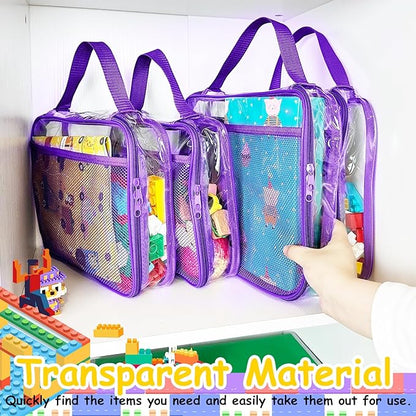 4 Packs PVC Toy Zippered Blocks, Travel Storage Case Bags for Organizing, Waterproof Toy Storage Bags with Mesh Pockets for Building Blocks, Puzzles, Clays,Toy Cars 13.3"Lx3" Wx10.4" H (Purple).