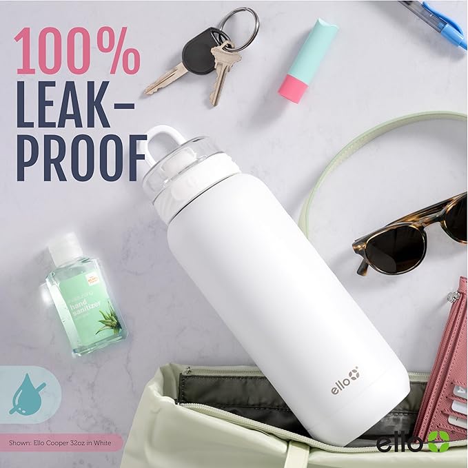 Ello Cooper 32oz Stainless Steel Water Bottle with Straw and Carry Handle, Double Walled and Vacuum Insulated Metal, Leak Proof Locking Lid with Soft Silicone Spout, Reusbale, BPA Free, Halogen Blue