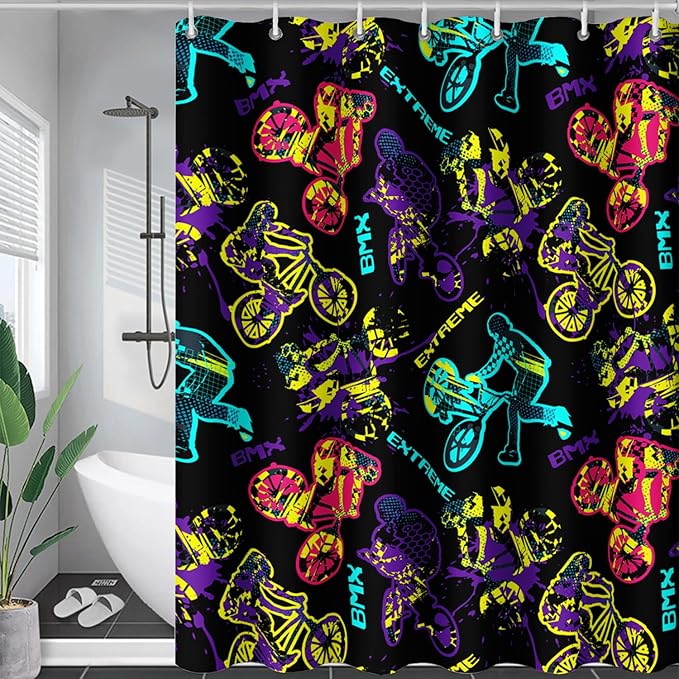 AILONEN Motocross Shower Curtain,Motorcycle Racer Bath Curtain,Extreme Sports Decoration,Colorful Graffiti Dirt Bike Shower Curtain for Kids Boys,Black Washable, 72" W x 96" H