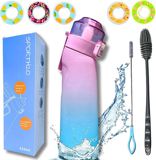 Air Water Bottle 650ml – Water Bottle With 5 Scented Pods, 0% Sugar BPA Free Cup with Bottle & Straw Brushes | Suitable for Outdoor | Sports | Gift Idea (New Gradient Pink/Blue + 5 Pods)