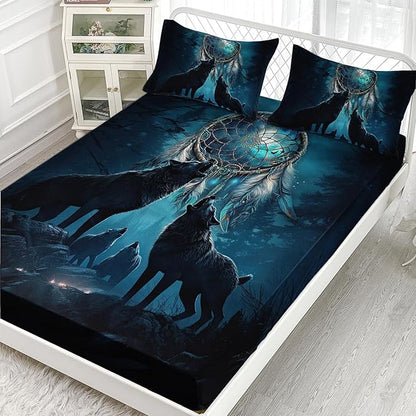 AILONEN Howling Wolf Fitted Sheet Set Twin Size, 3 Pieces Teen Boys Bedding Set Safari Animal Themed Sheet Set,Dreamcatcher Bed Sheet Set Evening Forest Wolf Fitted Sheet with 2 Pillowcases