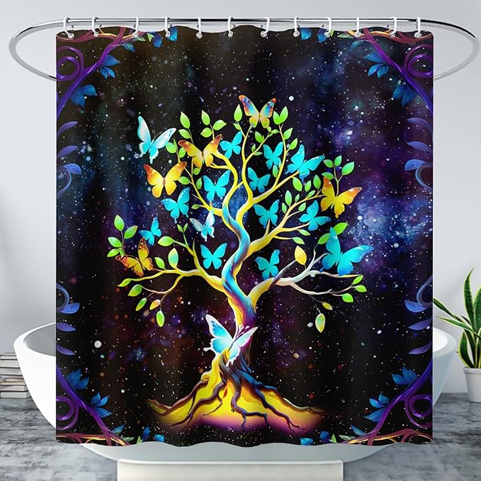 AILONEN Tree of Life Shower Curtain for Bathroom,Galaxy Starry Glowing Tree of Life Bath Curtain,Colorful Tree Shower Curtain Waterproof with 12 Plastic Hooks for Boys Girls Adults 72" W*96" H
