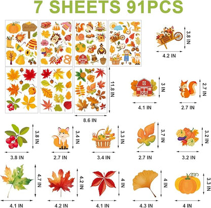 Fall Window Clings Autumn Maple Leaf Window Static Stickers Double-Sided Leaves Pumpkin Turkey Window Door Cling Removable Reusable Window Stickers Thanksgiving Party Window Door Decor