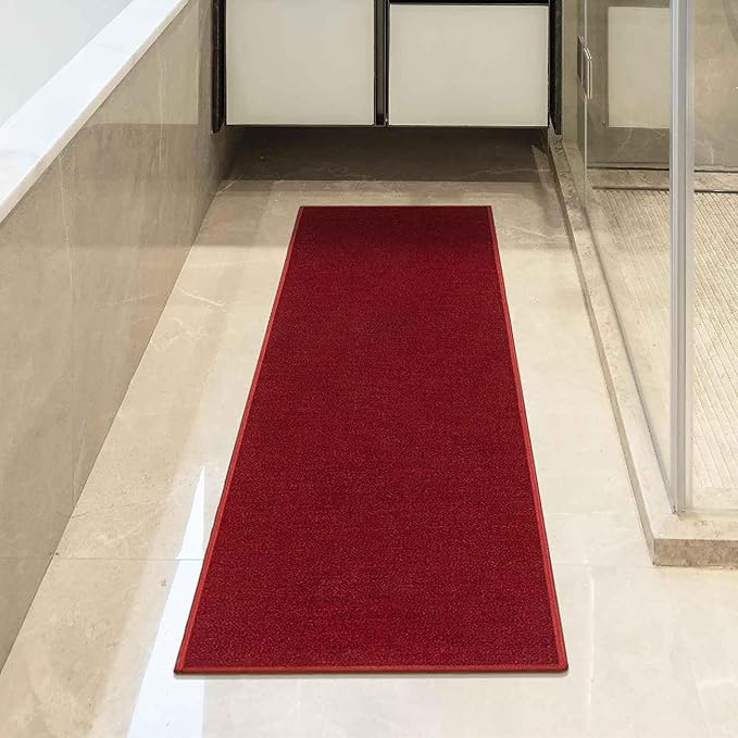 Machine Washable Modern Solid Design Non-Slip Rubberback 2x12 Traditional Runner Rug for Hallway, Kitchen, Bedroom, Living Room, 1'10" x 12', Red