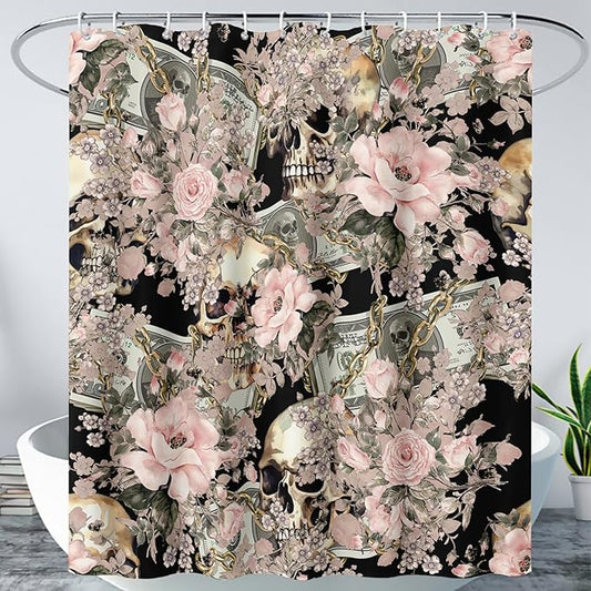 AILONEN Sugar Skull Shower Curtain for Bathroom,Romantic Rose Flower Bath Curtain for Girls Women,Money Skull Skeleton Print Waterproof Curtain with 12 Plastic Hooks, 72" W*96" H