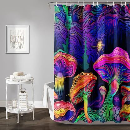 AILONEN Magic Mushroom Shower Curtain for Kids Boys Girls,Mushrooms and Starry Night Waterproof Fabric Shower Curtain for Bathroom,Dreamy Natural Plants Shower Curtain Set with Hooks,72" W*72" H