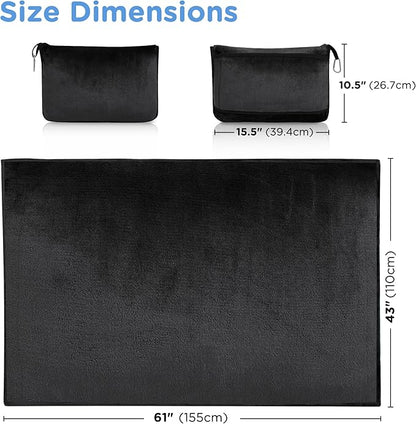 ATsense Travel Blanket Pillow, Premium 2 in 1 Soft Airplane Blanket Compact with Bag Pillowcase, Hand Luggage Sleeve and Backpack Clip - Travel Essentials for Long Trips, Flying and Car, Black