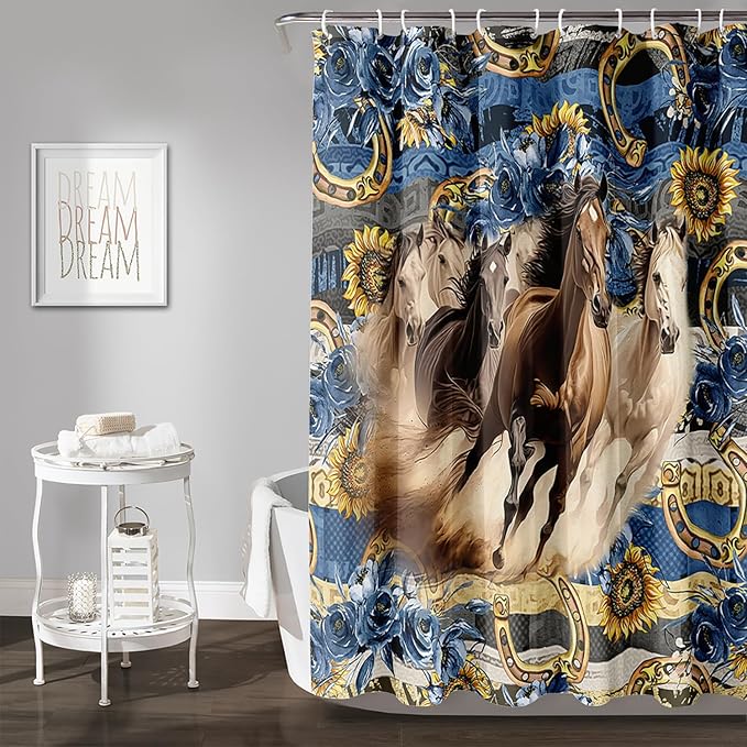 AILONEN Running Horse Shower Curtain for Kids,Blue Rose Sunflower Horse Bath Curtain for Bathroom Decor,Modern Curtain Polyester Waterproof with 12 Plastic Hooks 72" W*96" H