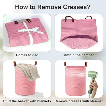 80L Large Rope Basket, Woven Rope Storage Basket with Leather Handles, Dog Toy Storage Basket, Bedroom, Nursery Blanket Storage, Bathroom Laundry Basket, 16“x20” Tall Rope Basket (Pink)