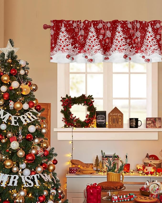 Red Christmas Valance Curtains for Kitchen Windows White Xmas Tree Snowflakes Red Balls Rod Pocket Window Treatment Toppers for Kitchen/Living Room/Bedroom/Bathroom, 42" X 18", Winter