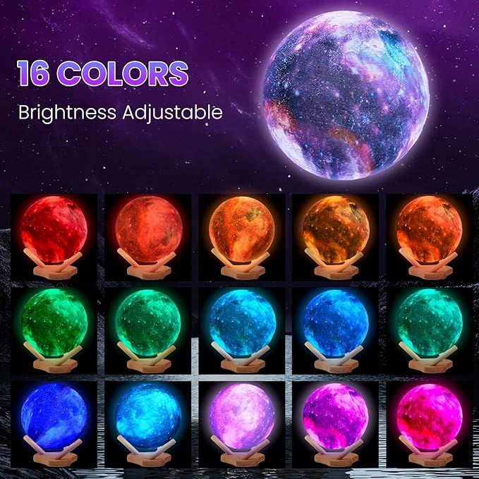 Moon Lamp Galaxy Lamp 7 Inch 16 Colors LED Night Light 3D Printing Moon Light Wooden Stand & Remote Control Touch Tap Controller for Girls Boys Kids Women Birthday