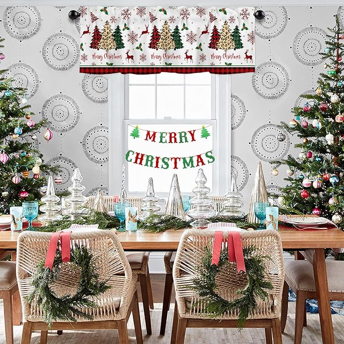 Merry Christmas Valance Kitchen Curtains for Windows,Farm Christmas Tree Buffalo Plaid Leopard Rod Pocket Window Treatments Holiday Decor Short Curtains For Bedroom/ Living Room,54" X 18" -1 Panel