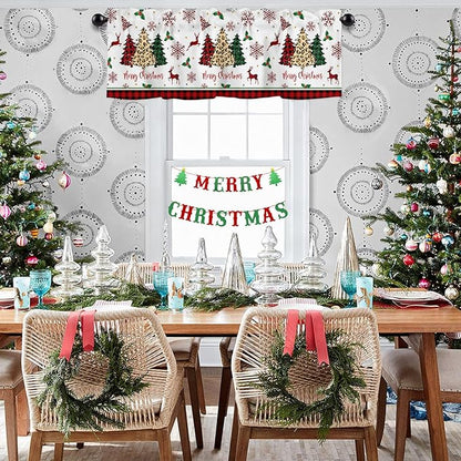 Merry Christmas Valance Kitchen Curtains for Windows,Farm Christmas Tree Buffalo Plaid Leopard Rod Pocket Window Treatments Holiday Decor Short Curtains For Bedroom/ Living Room,54" X 18" -1 Panel
