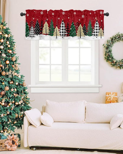 Red Merry Christmas Valance Curtains for Kitchen Windows Green Christmas Tree Rod Pocket Window Treatment Toppers for Kitchen/Living Room/Bedroom/Bathroom, 42" X 18", White Snow Forest Winter