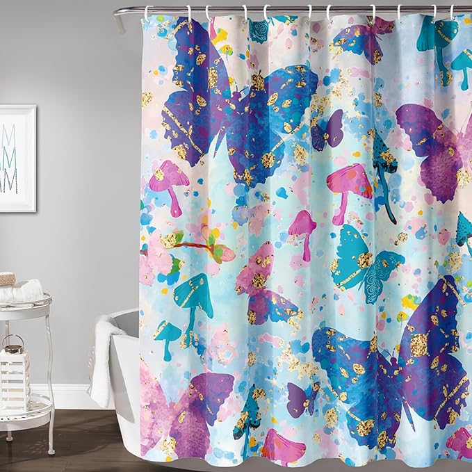 AILONEN Butterfly Shower Curtain for Bathroom, Blue Pink Tie Dye Butterfly Bath Curtain,Women Girls Bathroom Curtain,72" W*96" H Polyester Waterproof with 12 Plastic Hooks