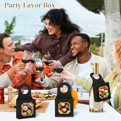 40PCS Wine Bottle Box with Window, Megitzuu Kraft Paper Wine Boxes for Gifts Hanging Wine Treat Box Mini Charcuterie Boxes Empty Champagne Bottles Gold Foil Gift Box Hanger Candy Box for Party (Black)