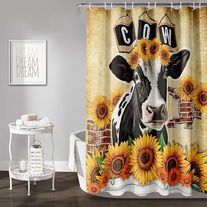AILONEN Cow Shower Curtains for Kids Boys Girls,Farm Sunflower Cow Bath Curtains for Bathroom Decor,72" W*96" H Polyester Waterproof with 12 Plastic Hooks