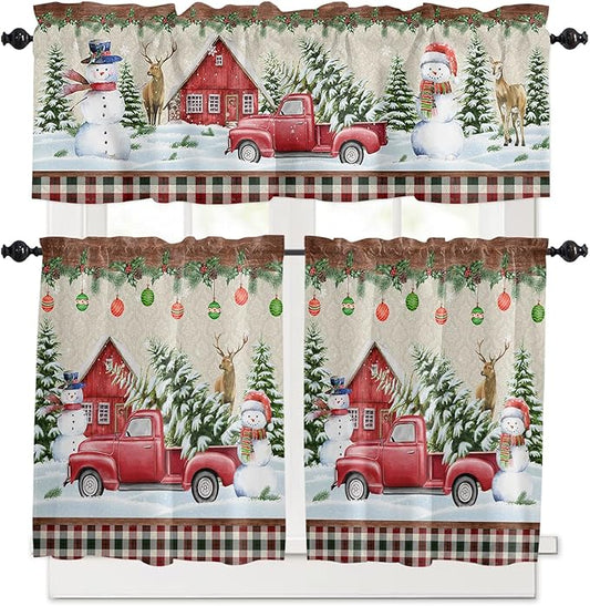 Christmas Kitchen Curtains and Valances Set, Farm Red Truck Window Treatments Tiers Winter Holiday Snowman Semi Sheer Half/Short Curtains for Small Windows Cafe /Living Room/ Bedroom 54x24 in