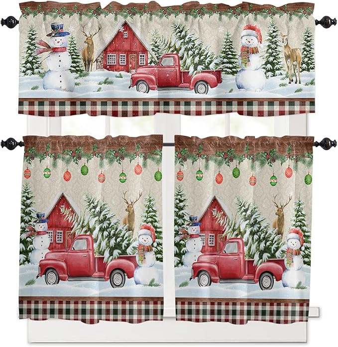 Christmas Kitchen Curtains and Valances Set, Farm Red Truck Window Treatments Tiers Winter Holiday Snowman Semi Sheer Half/Short Curtains for Small Windows Cafe /Living Room/ Bedroom 54x 36 in