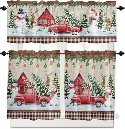 Christmas Kitchen Curtains and Valances Set, Farm Red Truck Window Treatments Tiers Winter Holiday Snowman Semi Sheer Half/Short Curtains for Small Windows Cafe /Living Room/ Bedroom 54x 36 in